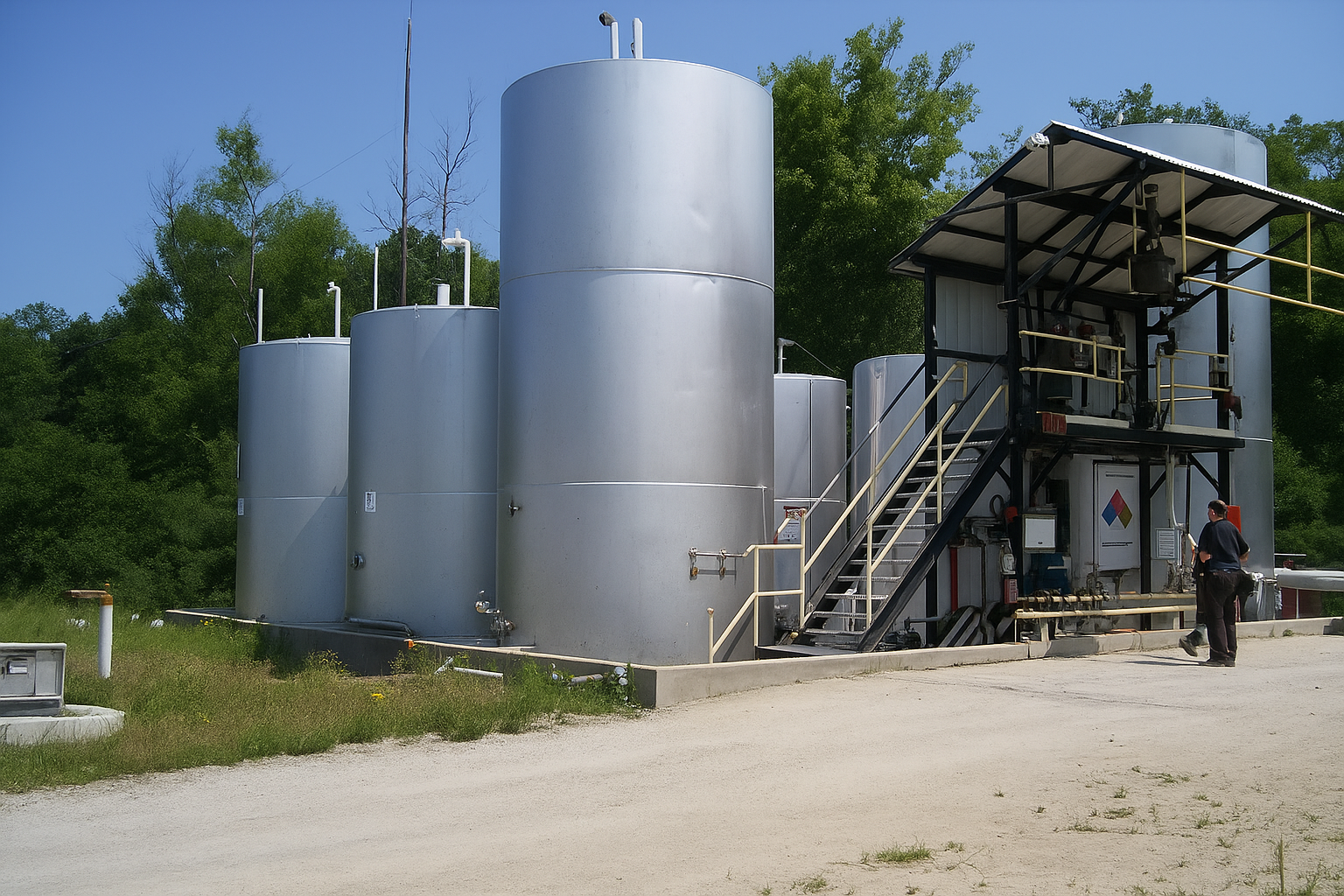 Multiple silver aboveground storage tanks (ASTs) at a North Dakota facility with secondary containment, piping, and access platform – subject to 2025 DEQ compliance rules